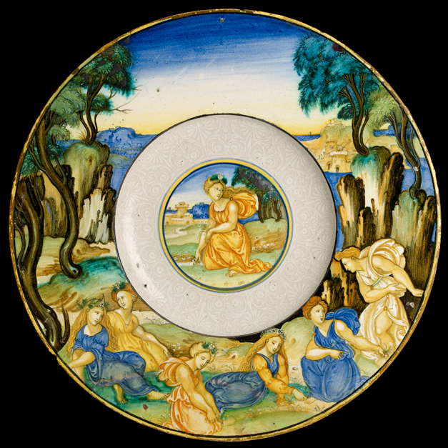 Image of maiolica plate, "Women Gathering Flowers", Nicola da Urbino, c. 1525